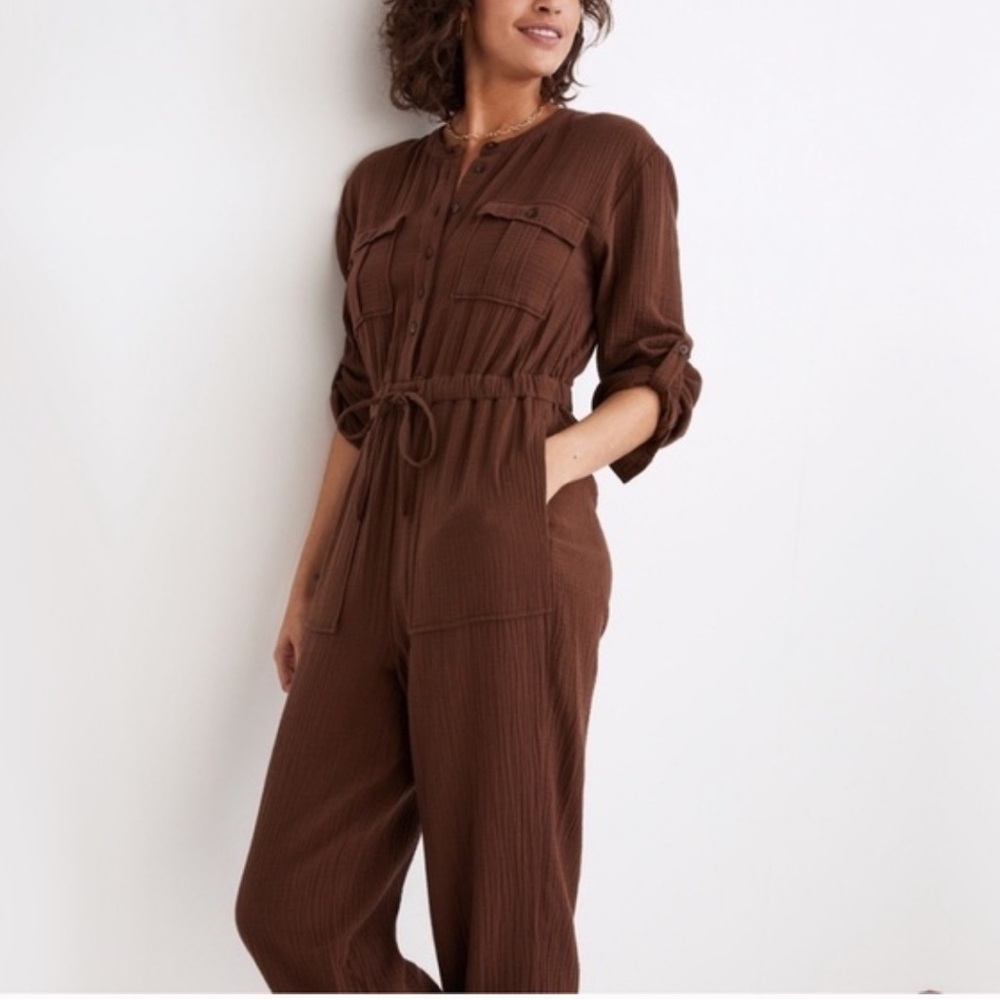 Madewell Lightspun Tapered-leg Double Gauze Jumpsuit In Cocoa Brown